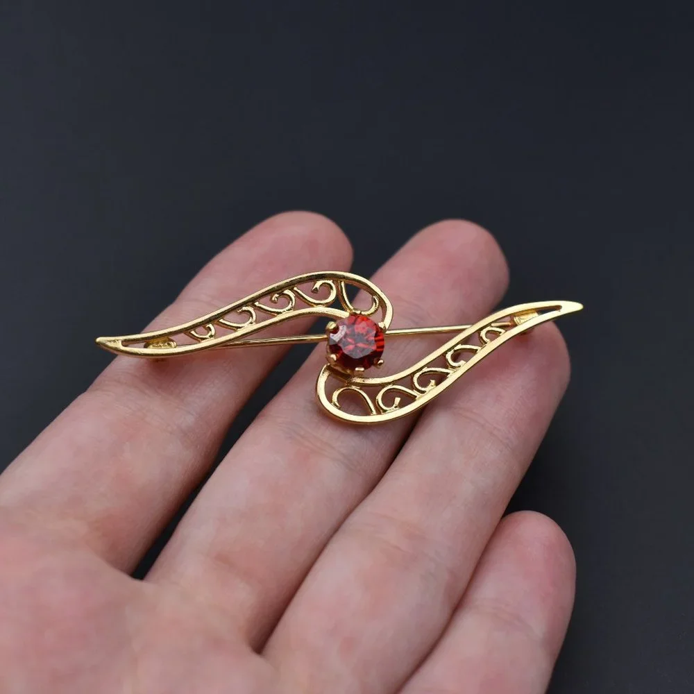 Red crystal brooch gold tone, small fancy rhinestone brooch